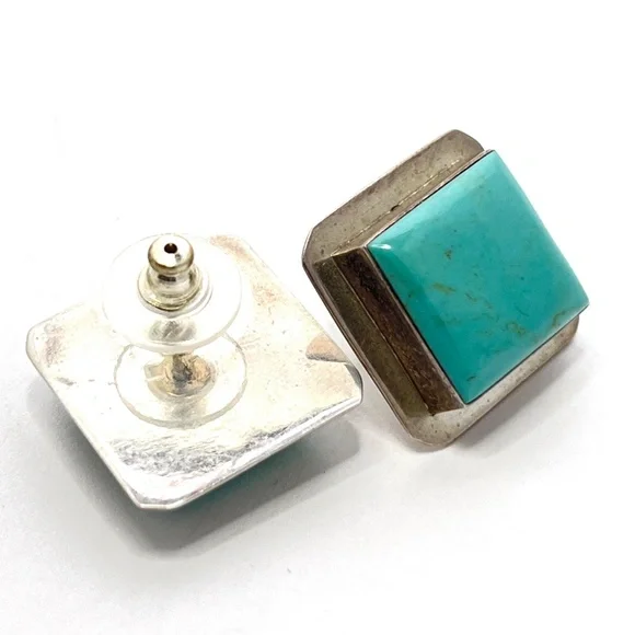 Silver Turquoise Square Post Earrings - Vintage - 7/8" Square - Mid Century - Picture 8 of 8